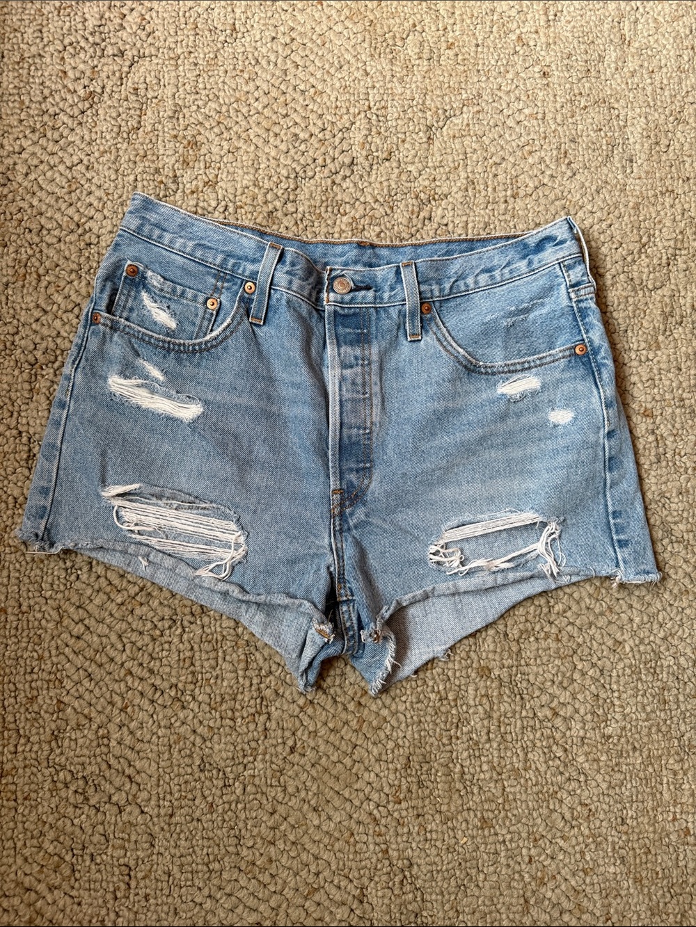 Levi's Light Blue Distressed High-Rise Denim Shorts